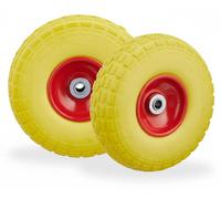 4 ruedas para carretilla, neumáticos de goma maciza antidesgaste, 4.1/3.5-4, eje de 16 mm, capacidad de hasta 150 kg, altura x profundidad: 26 x 8,5 cm, color amarillo/rojo