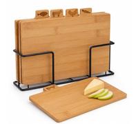 4 tablas de cortar de bambú con soporte de metal negro - Tablas de cocina con iconos, madera de bambú duradera, antiadherente y fácil de limpiar, ideal para cortar carne, verduras, pan y queso