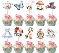 40 piezas Alicia en el país de las maravillas decoración de tartas mariposa flor llave decoración para té fiesta cupcakes toppers para bebé ducha niños cumpleaños fiesta decoración pastel decoraciones