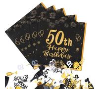 40 servilletas de 50 cumpleaños para hombre y mujer, decoración de 50 cumpleaños para hombre y mujer, confeti negro y dorado, decoración de cumpleaños