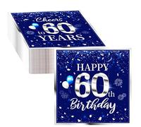40 servilletas de 60 cumpleaños, decoración de fiesta de 60 años, color azul plateado, desechables, para cumpleaños, bebidas, postres, decoración de mesa de 2 capas para mujeres y hombres
