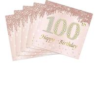40 servilletas de cumpleaños número 100 con temática de oro rosa, decoraciones de cumpleaños de 100 años para mujeres, día natal, boda, aniversario, fiesta, suministros de 2 capas