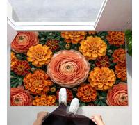 45X75Cm Felpudo Entrada Interior Antideslizante Floretes De Ranúnculo En El Campo, Arte Vegetal Natural Alfombra De Microfibra Suave Lavable Con Base De Tpr Para Cocina Puerta Mascotas, Color Naranja