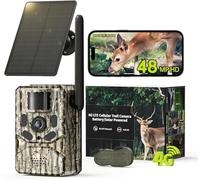 48MP Cámara de Caza 4G LTE Solar con Tarjeta SIM, Cámara de Fototrampeo 4K Exterior, Visión Nocturna IR Invisible 950nm, Batería 10400mAh, Audio Bidireccional, Disparo 0.1s, IP66