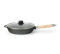 4BIG.fun Sartén de hierro fundido de 24 cm de profundidad con tapa de cristal, sartén de hierro fundido con mango de madera, inducción para todo tipo de fuegos