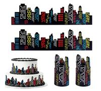 4uds Decoración de Pastel de Edificios con Puntos Pegamento, Topper Tarta Ciudad Decoraciones Rascacielos para Fiestas Cumpleaños Superhéroes y Eventos con Temática Construcción