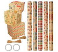 5 Rollos Papel Regalo Cumpleaños, 43cm x 3m Papel de Regalo,Papel de Regalo Rollo Grande con 2 Cinta Adhesiva y 2 Cuerda de Yute, para Decorado, Día De Fiesta, Baby Shower (Marrón, Tipo A)