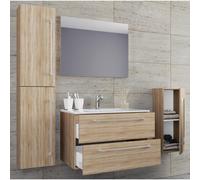 5-tlg. Set | 1 Waschtisch mit zwei Schubladen, 1 Spiegel, 1 Waschbecken, 1 Midischrank, 1 Hochschrank | Keramik Waschbecken | hängend Unterschrank 80 cm | Badmöbel Set Waschplatz - Badinos Sonoma-Eich
