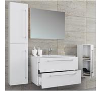 5-tlg. Set | 1 Waschtisch mit zwei Schubladen, 1 Spiegel, 1 Waschbecken, 1 Midischrank, 1 Hochschrank | Keramik Waschbecken | hängend Unterschrank 80 cm | Badmöbel Set Waschplatz - Badinos blanco
