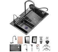 50 Cm De Ancho Fregadero De Cocina Con Grifo Cocina Extraible, 1 Cubeta De Acero Inoxidable Nanorrevestimiento, Fregadero Negro Con Cascada Así Como Otros Accesorios(Black-Grey B,85x50cm)