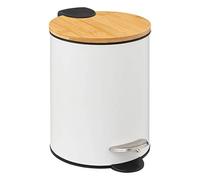 Five Gloves Papelera de baño – Tapa de bambú, cubo extraíble y asa trasera – Blanco