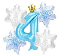 5uds Globos Nieve Fiestas Cumpleaños, Número Azul y 4uds Globos Copos Nieve Decoraciones y Recuerdos para Fiestas Cumpleaños con Temática Princesa Azul País Maravillas Invernal(Número 4)