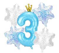 5uds Globos Nieve Fiestas Cumpleaños, Número Azul y 4uds Globos Copos Nieve Decoraciones y Recuerdos para Fiestas Cumpleaños con Temática Princesa Azul País Maravillas Invernal(Número 3)