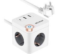 6 en 1 Cubo Regleta Enchufe con USB, 4 Tomas 2 USB y 1 USB C Puertos, Ladron Enchufes Multiple con Interruptor, Alargadera Electrica Protección contra Sobretensiones para Hogar, Oficina 1.5M Cable