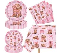 61 piezas de decoración de cumpleaños con motivos de vaqueras occidentales: platos con lazo y botas de rodeo, servilletas y mantel para una fiesta en tonos rosa. Para 20 comensales.