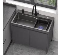 68cm Fregadero Monobloc Gris Oscuro con Mueble de Almacenaje, Fregadero de Acero 304 con Mini Cubeta Lavabo Móvil, Incluye Grifo de Agua Fría y Caliente, Dosificador de Jabón y Sifón