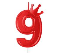 7,6cm Velas de Cumpleaños Números, Velas de Cumpleaños Grandes Velas Numeros 3D para Tartas con Decoración de Corona Cake Topper para Boda Valentín Aniversario Festival Fiesta (Rojo, 9)