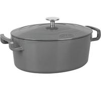 715407 - Olla oval "Sitrabella Schmortopf", de hierro fundido esmaltado, con una longitud de 31 cm y una capacidad de 6,5 litros. El exterior es de color gris esmaltado, mientras que el interior es bl