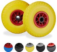 8 ruedas para carretilla en un juego, neumáticos de poliuretano macizo de 3.00-4" a prueba de pinchazos, eje de 25 mm, capacidad de hasta 80 kg, dimensiones 260x85 mm, color amarillo y rojo