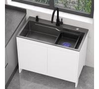 80cm Fregadero Monobloc Gris Oscuro con Mueble de Almacenaje, Fregadero de Acero 304 con Mini Cubeta Lavabo Móvil, Incluye Grifo de Agua Fría y Caliente, Dosificador de Jabón y Sifón