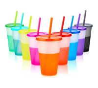9 Vasos Mágicos con Tapa y Pajita - Pack de 9 Vasos Mágicos de Plástico Reutilizable 16oz (470ml) que Cambian de Color - Vasos Divertidos para Café Helado, Batidos y Refrescos - Ideales para Viaje,