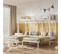 90 x 200 cm x 3 camas triples, litera triple con escalera para niños y jóvenes, cama de hierro con barrera anticaídas y mesa (blanco)
