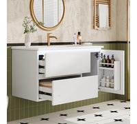 91,5 × 46,5 × 50,5 cm, armario de lavabo colgante de pared, lacado de alta calidad, lámpara LED con sensor de radar, compartimento de almacenamiento en la puerta, dos cajones con rieles silenciosos