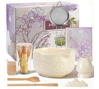 9PCS Matcha Tea Set with Whisk and Bowl, Matcha Set Beige, Matcha Tea Set Whisk Starter Kit, Ceramic Matcha Bowl with Spout Und Luffa (White)
