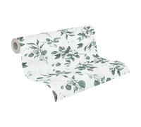 A.S. Création Papel pintado de fieltro floral en blanco, verde y plateado, moderno papel pintado de flores 397682-10,05 m x 0,53 m - Papel pintado de alta calidad con flores - Fabricado en Alemania
