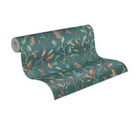A.S. Création Papel pintado floral no tejido en verde petróleo naranja - Papel pintado de alta calidad diseño flores 397454 - 10,05 m x 0,53 m - Papel pintado de pared hojas de flores - Fabricado en