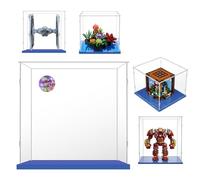 AAABOX Vitrina Expositora 20x20x20 con Base Azul,Caja Exhibición Acrílico Transparente para Minecraft 21265 Star Wars Caza Tie Imperial 75300 76247 31133 40613 Figuras