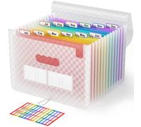 ABC life Carpeta Clasificadora de Acordeon 13 Bolsillos,A4 Carpetas Plastico Archivador con Patrón de Cuadrícula,Organizador Papeles Documentos Arcoíris,Extensible Maletin Archivadora(Rosado)