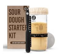 ABIOTO Kit de iniciación de masa madre - Tarro de vidrio, banda de alimentación de seguimiento de fecha, termómetro, raspador de silicona, cubierta de tela y tapa de aluminio - Kit completo de