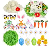 Abitoncc Kit de decoración de capó de Pascua, haz tu propio sombrero de Pascua para niños, sombrero de Pascua, sombrero de paja, pollitos, huevos, conejos, zanahorias, hierba, kit de decoración de