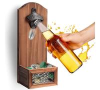 Abridor Cerveza,Abrebotellas de Pared, Abridor de Botellas de Madera con Estilo Retro, Hay Una Cestilla Pequeña para Guardar Tapas de Botella,abrelatas Colgante y Tenedor de la Tapa