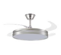 ABRILA ALTA GAMA Ventilador DC 59w Micenas Blanco/NIQUEL/CUERO 4 Aspas Transp. 106d 6 Veloc. 6980lm 3 Colores C/remoto, Regulables de intensidad, Memoria Y Temporiz.26 Incluye mando a distancia y dos