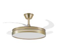 ABRILA ALTA GAMA Ventilador DC 59w Micenas Blanco/NIQUEL/CUERO 4 Aspas Transp. 106d 6 Veloc. 6980lm 3 Colores C/remoto, Regulables de intensidad, Memoria Y Temporiz.26 Incluye mando a distancia y dos
