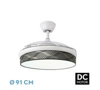 Abrila - Ventilador DC MODA | Color Negro con tres Aspas Desplegables ABS y Difusor Amarillo | 6 Velocidades Ajustables | 3 Temperaturas de Luz | con Temporizador y Mando a Distancia Incluido