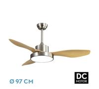 Abrila - Ventilador HAYATE DC | Color Níquel con tres hojas en Color Haya | con 6 velocidades ajustables | con 3 temperaturas de luz | Mando a distancia incluido