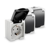 ABSINA Toma de corriente de superficie con contacto de puesta a tierra para lugares húmedos - 3 tomas de corriente de superficie de 1 elemento con tapa abatible IP44, 250V, 16A, 2 polos