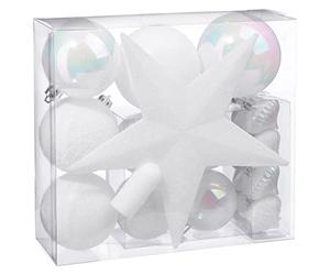 AC-Déco - Juego de bolas y estrella para árbol de navidad, 18 piezas, color blanco