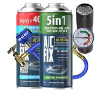 AC FIX 5 en 1 - R134a + R134a XL + Manguera + Linterna, 470 g Refrigerante para aire acondicionado de coche con aceite, sellador, tinte UV y desecante. Aplicación rápida. Protege el compresor.