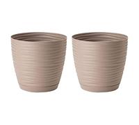 AC - Pack de 2 Macetas Redonda de 15 cm con Plato Discreto, Diseño Sahara, Fabricado en España, jardín Exterior, terraza o balcón, Color Topo
