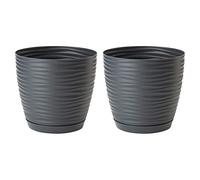 AC - Pack de 2 Macetas Redonda de 23 cm con Plato Discreto, Diseño Sahara, Fabricado en España, jardín Exterior, terraza o balcón, Color Antracita