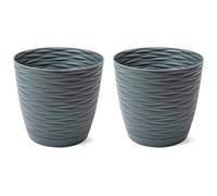 AC - Pack de 2 Macetas Redondas con Plato - Diseño Wind (Ø 15 cm) - Fabricado en plástico - Ideal para jardín Exterior, terraza o balcón - Color Antracita