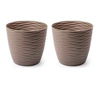 AC - Pack de 2 Macetas Redondas con Plato - Diseño Wind (Ø 15 cm) - Fabricado en plástico - Ideal para jardín Exterior, terraza o balcón - Color Marrón Topo