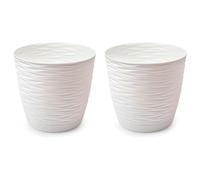 AC - Pack de 2 Macetas Redondas con Plato - Diseño Wind (Ø 27 cm) - Fabricado en plástico - Ideal para jardín Exterior, terraza o balcón - Color Blanco Roto