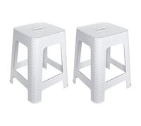 AC - Pack de 2 Taburete de plástico Rattan con asa y Asiento de 28 x 28 cm - Imitación de Mimbre, banqueta Multiusos, Cocina - Fabricado en España (Blanco - 45,5 x 36,7 x 36,7 cm)