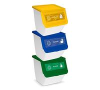 AC - Pack de 3 Contenedores apilables de Polipropileno - Cubo de Reciclaje de Basura, Caja de Almacenamiento de residuos, fácil Apertura - 36 L - Plástico, Vidrio y Papel - 36 x 38,5 x 38 cm