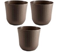 AC - Pack de 3 macetas Redonda - Fabricación en plástico - Diseño Rattan - Ideal como macetero, Tiesto, Recipiente para Plantas, Flores, balcón, terraza, jardín - Ø 33 cm - Color Topo